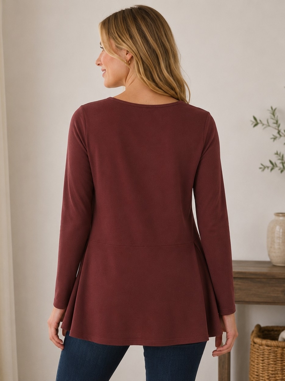 Joan Vass Long Sleeve Tunic in Burgundy - Picture 2 of 6